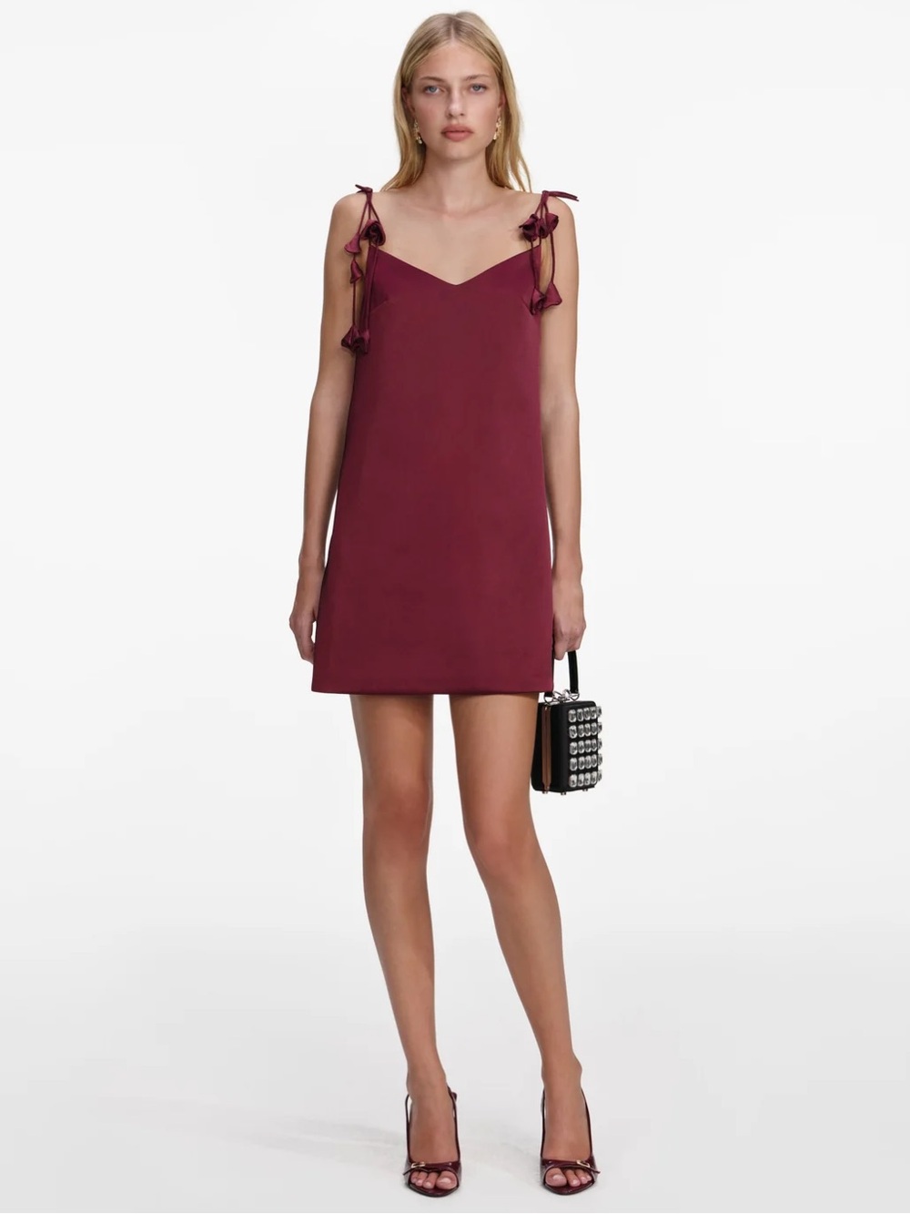 Self-Portrait Burgundy Satin Flower Mini Dress